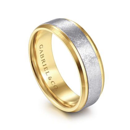 Cole - 14K White-Yellow Gold 7mm - Beveled Edge Men's Wedding Band in Diamond Scratch Finish