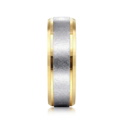 Cole - 14K White-Yellow Gold 7mm - Beveled Edge Men's Wedding Band in Diamond Scratch Finish