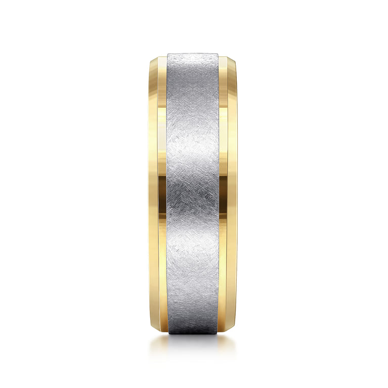 Cole - 14K White-Yellow Gold 7mm - Beveled Edge Men's Wedding Band in Diamond Scratch Finish - Shot 4