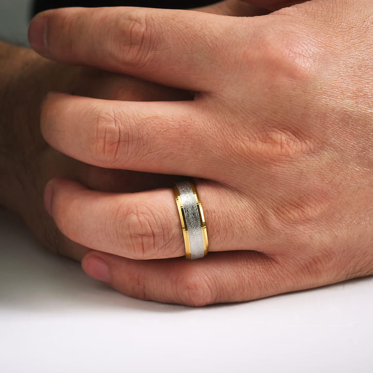 Cole - 14K White-Yellow Gold 7mm - Beveled Edge Men's Wedding Band in Diamond Scratch Finish - Shot 5