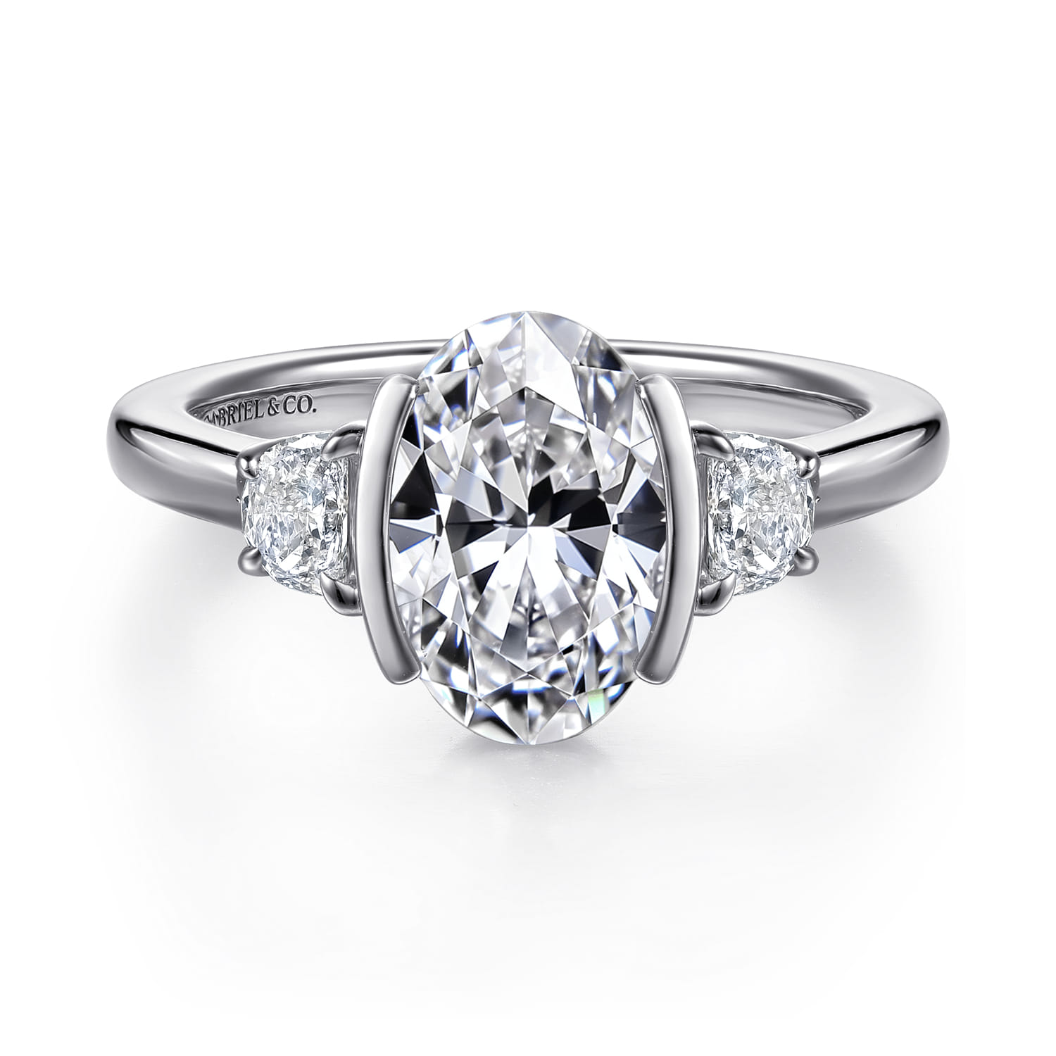 Colleen - 14K White Gold Half Bezel Oval Three Stone Diamond Engagement Ring