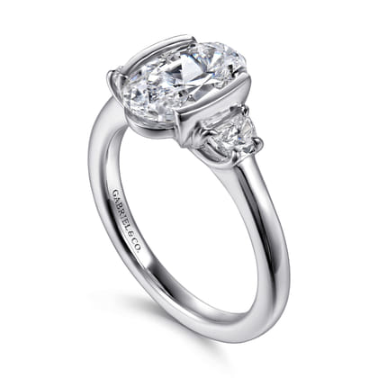 Colleen - 14K White Gold Half Bezel Oval Three Stone Diamond Engagement Ring