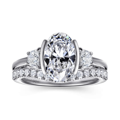 Colleen - 14K White Gold Half Bezel Oval Three Stone Diamond Engagement Ring