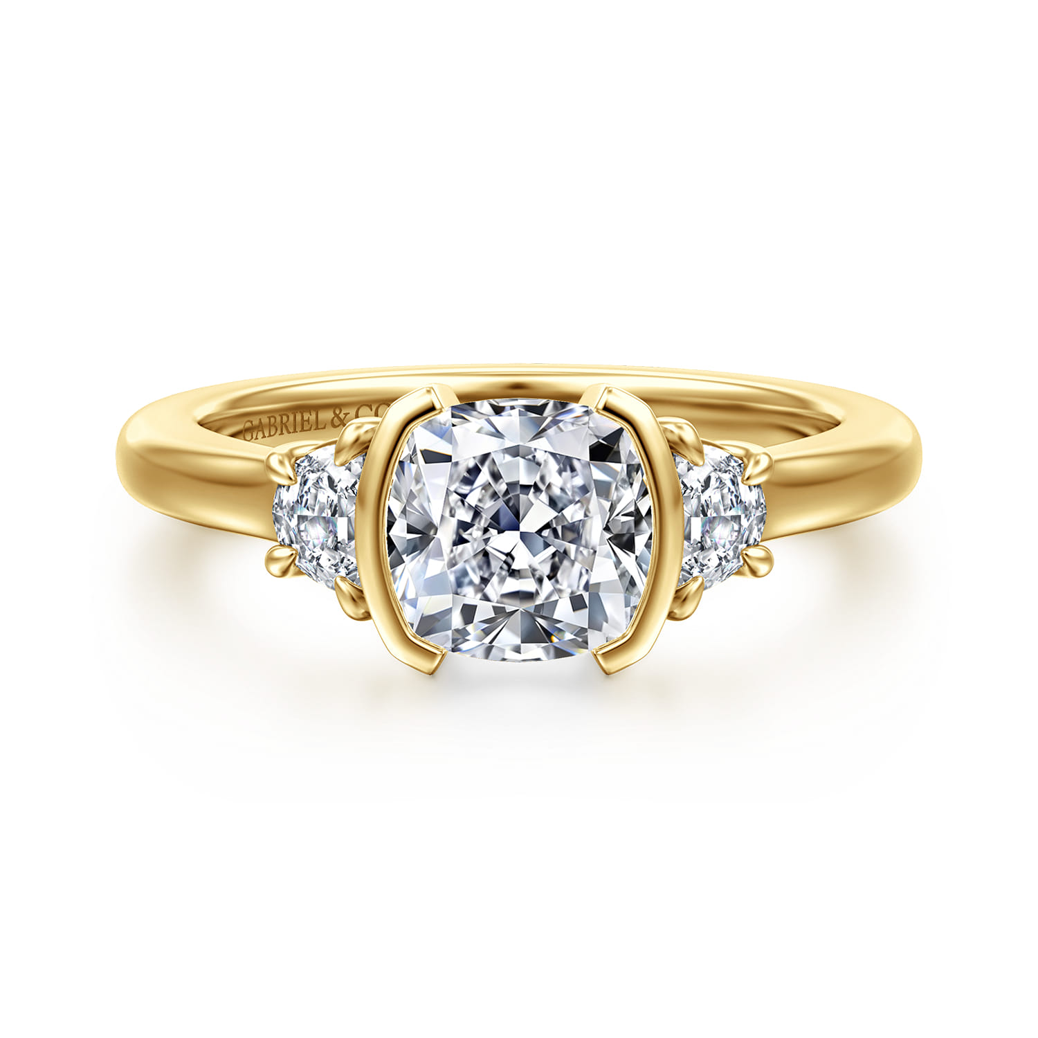 Colleen - 14K Yellow Gold Half Bezel Cushion Cut Three Stone Diamond Engagement Ring