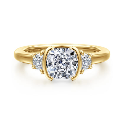 Colleen - 14K Yellow Gold Half Bezel Cushion Cut Three Stone Diamond Engagement Ring