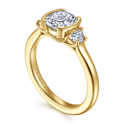 Colleen - 14K Yellow Gold Half Bezel Cushion Cut Three Stone Diamond Engagement Ring