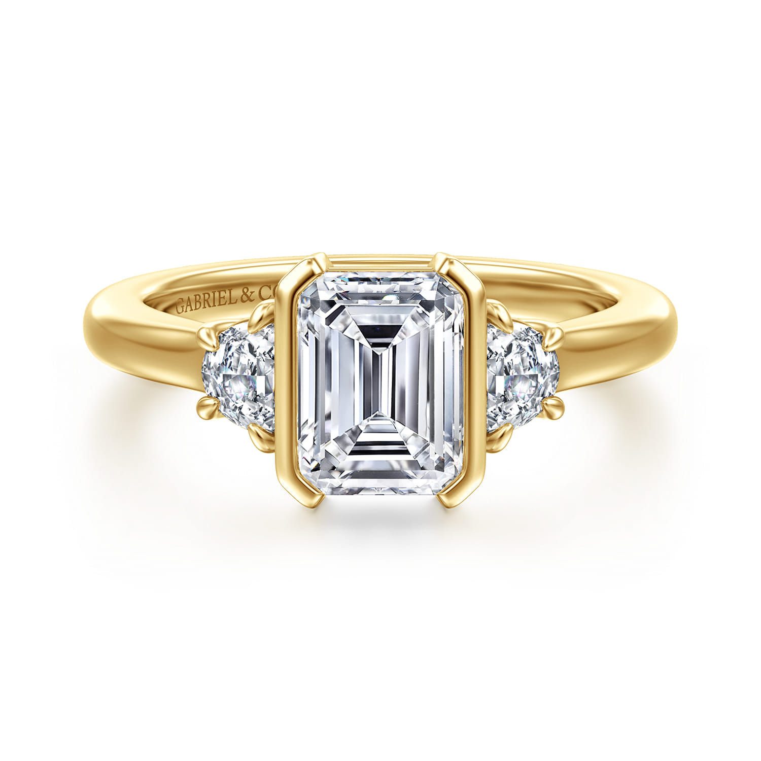 Colleen - 14K Yellow Gold Half Bezel Emerald Cut Three Stone Diamond Engagement Ring