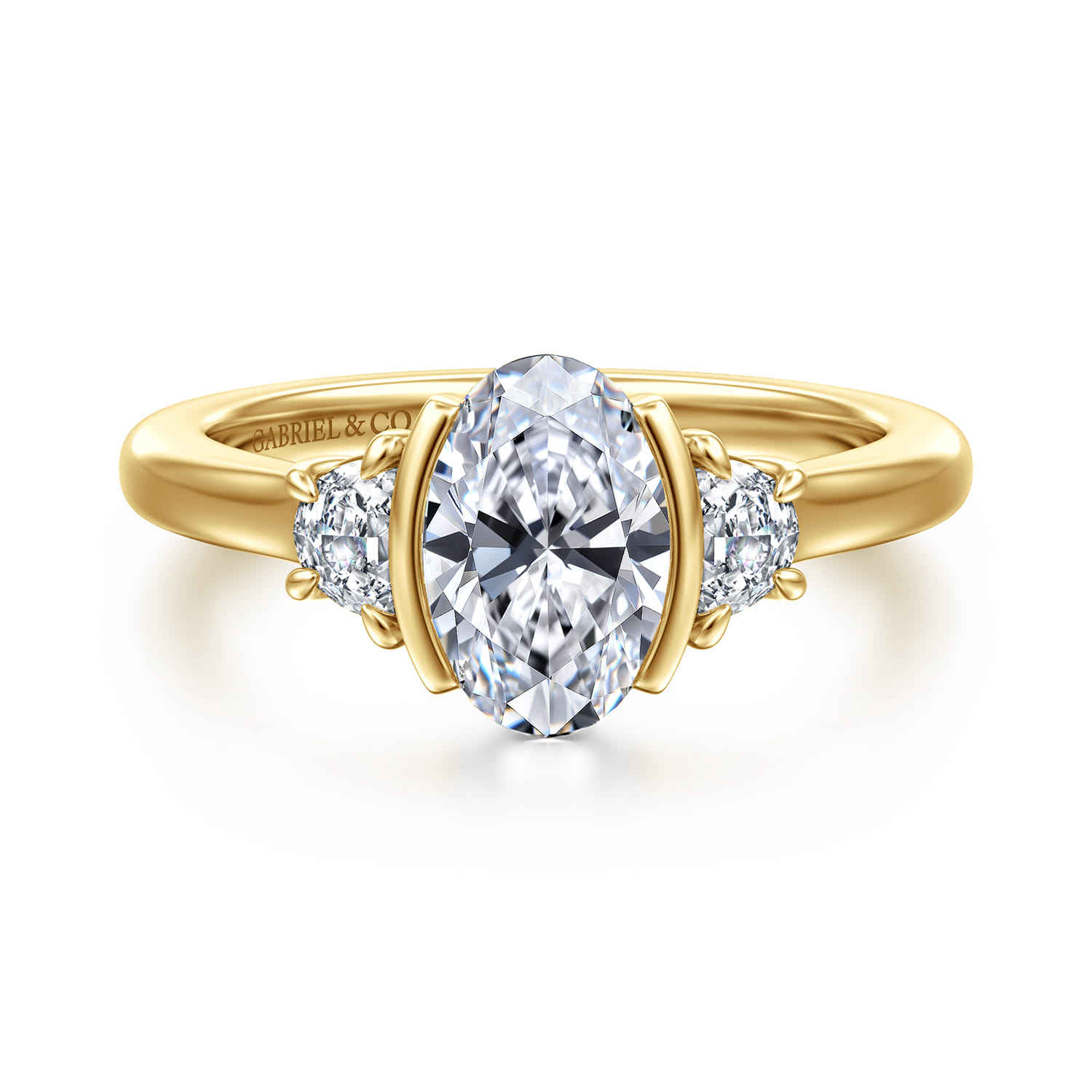Colleen - 14K Yellow Gold Half Bezel Oval Three Stone Diamond Engagement Ring