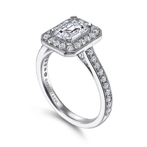 Corinne - Vintage Inspired 14K White Gold Emerald Halo Diamond Engagement Ring - 0.5 ct - Shot 3