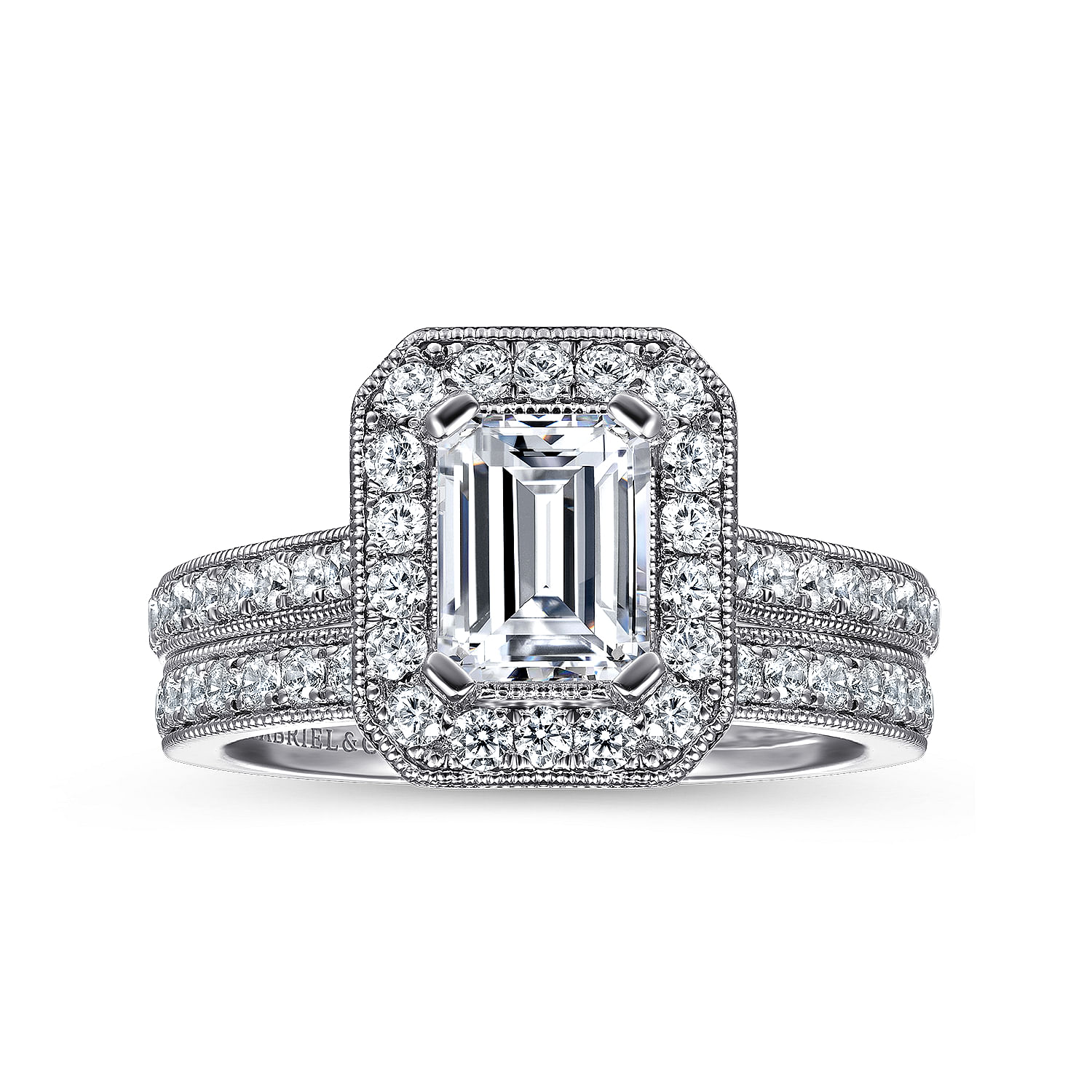 Corinne - Vintage Inspired 14K White Gold Emerald Halo Diamond Engagement Ring - 0.5 ct - Shot 4