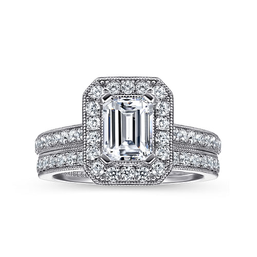 Corinne - Vintage Inspired 14K White Gold Emerald Halo Diamond Engagement Ring - 0.5 ct - Shot 4