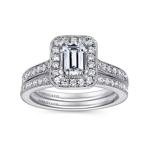 Corinne - Vintage Inspired 14K White Gold Emerald Halo Diamond Engagement Ring - 0.4 ct - Shot 4