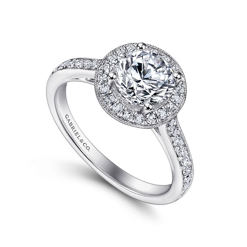 Corinne - Vintage Inspired 14K White Gold Round Halo Diamond Engagement Ring - 0.39 ct - Shot 3
