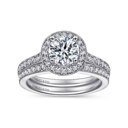 Corinne - Vintage Inspired 14K White Gold Round Halo Diamond Engagement Ring - 0.39 ct - Shot 4