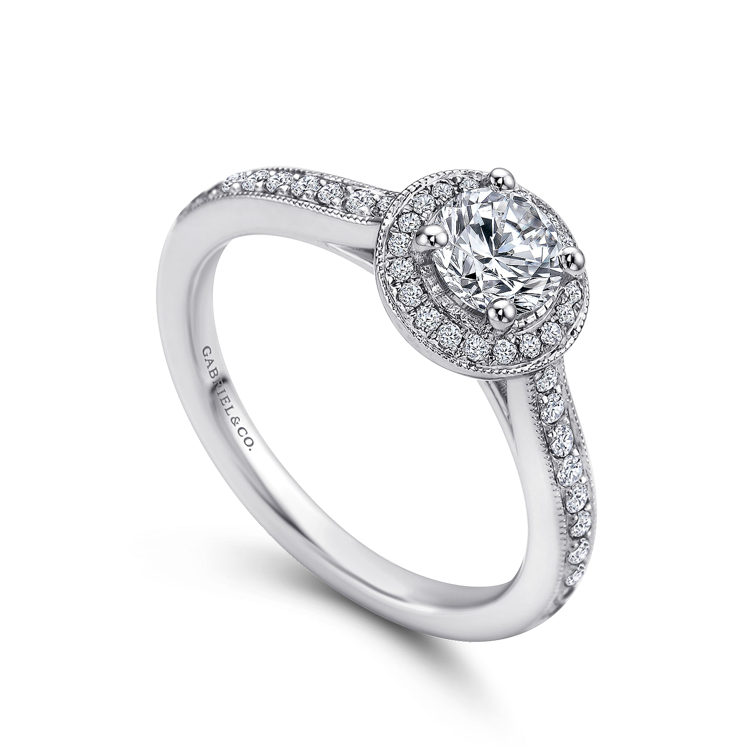 Corinne - Vintage Inspired 14K White Gold Round Halo Diamond Engagement Ring - 0.21 ct - Shot 3