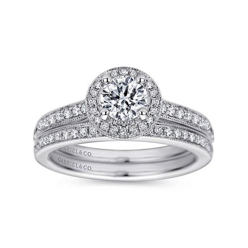 Corinne - Vintage Inspired 14K White Gold Round Halo Diamond Engagement Ring - 0.21 ct - Shot 4