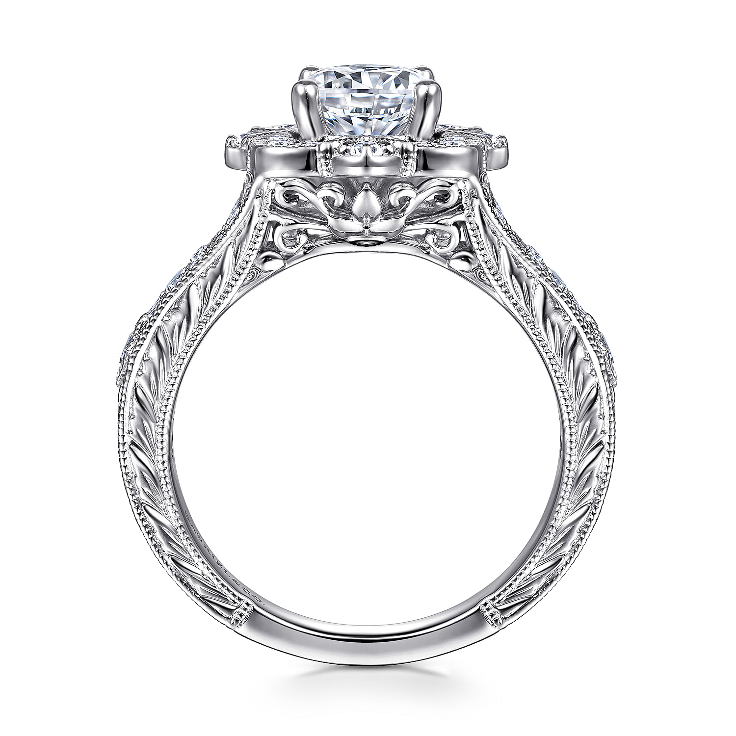 Cornelia - Vintage Inspired 14K White Gold Round Halo Diamond Engagement Ring - 0.43 ct - Shot 2