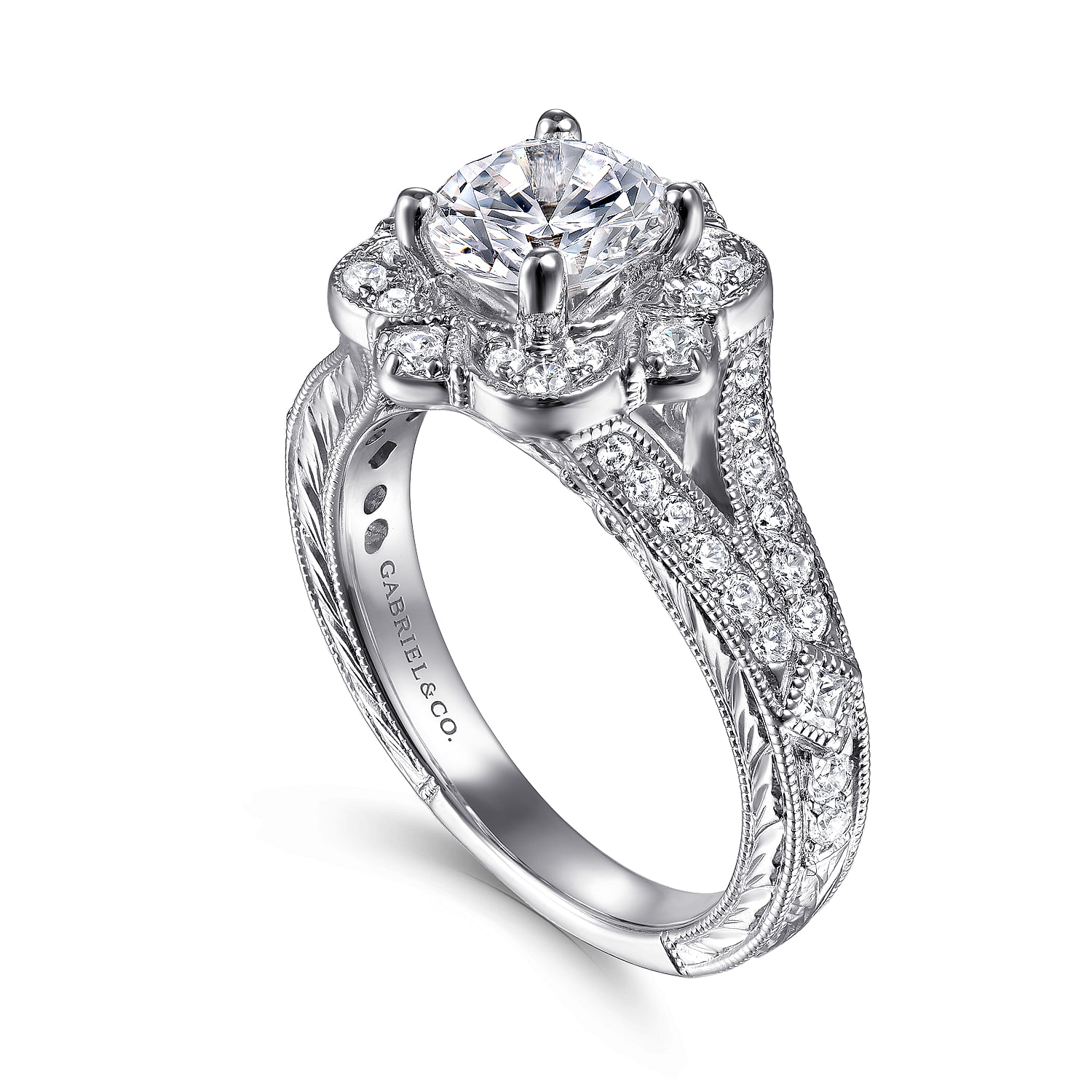 Cornelia - Vintage Inspired 14K White Gold Round Halo Diamond Engagement Ring - 0.43 ct - Shot 3