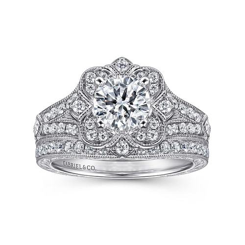 Cornelia - Vintage Inspired 14K White Gold Round Halo Diamond Engagement Ring - 0.43 ct - Shot 4