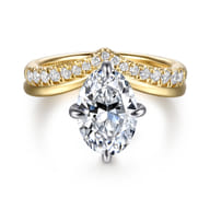 Crista - 14K White-Yellow Gold Chevron Compass Prong Oval Diamond Engagement Ring