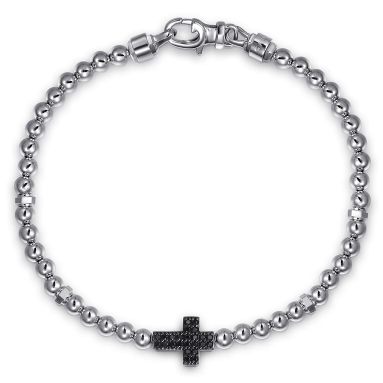 Cross Beaded Bracelet 925 Sterling Silver Black Spinel 4mm - Shot 1