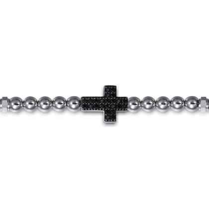 Cross Beaded Bracelet 925 Sterling Silver Black Spinel 4mm