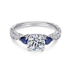 Cruz - Vintage Inspired Platinum Round Three Stone Sapphire and Diamond Engagement Ring