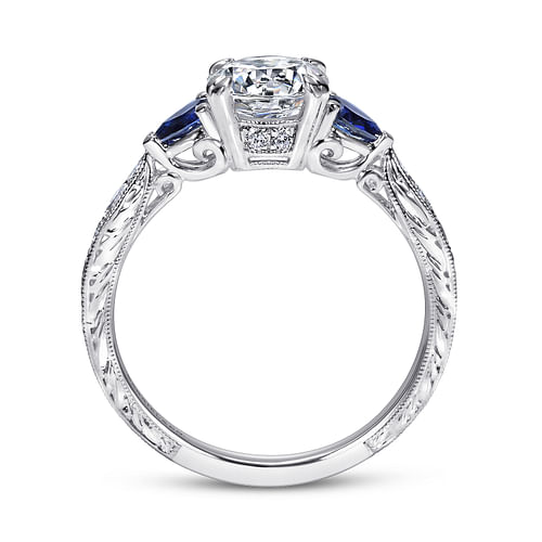 Cruz - Vintage Inspired Platinum Round Three Stone Sapphire and Diamond Engagement Ring - 0.19 ct - Shot 2
