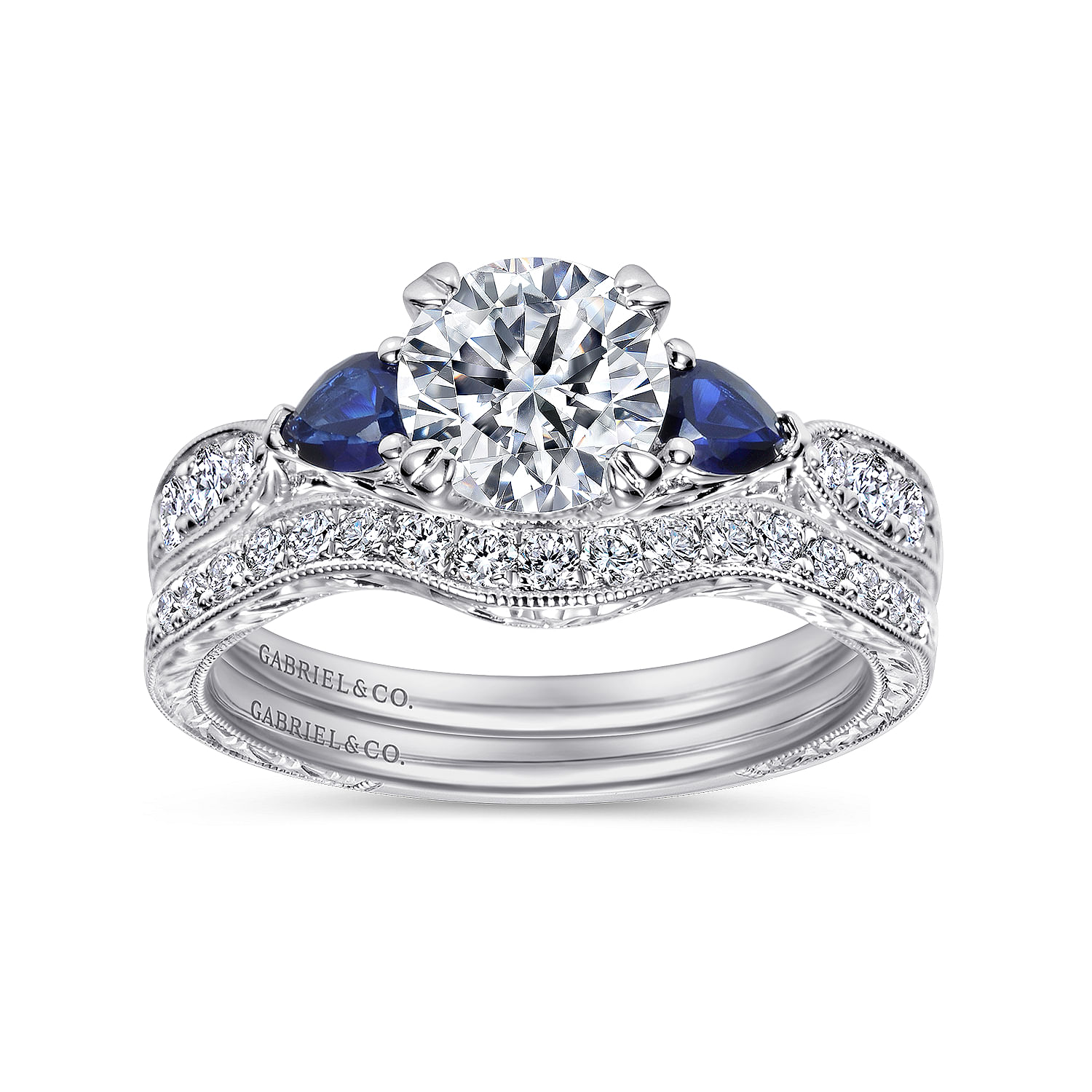 Cruz - Vintage Inspired Platinum Round Three Stone Sapphire and Diamond Engagement Ring - 0.19 ct - Shot 4