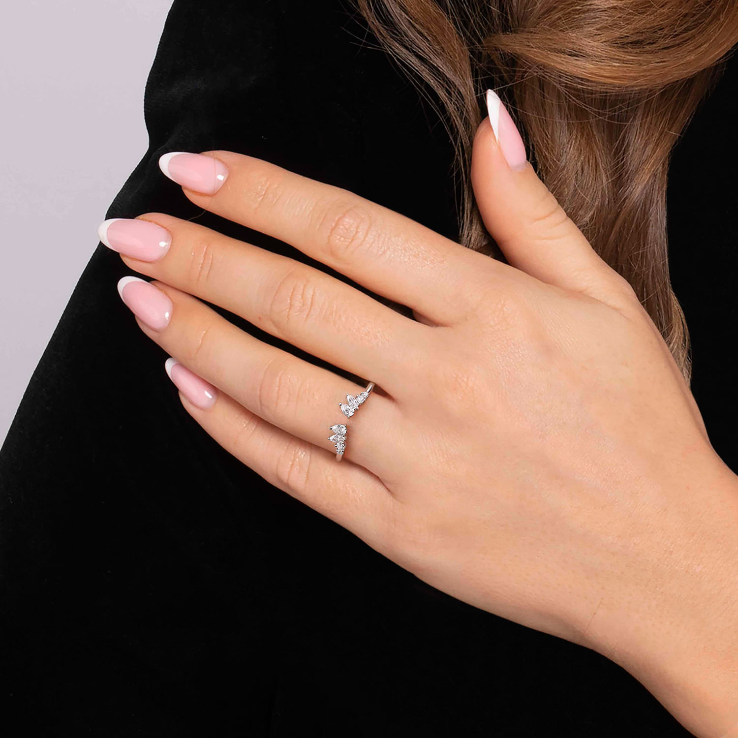 Curved 14K White Gold Bursting Diamond Open Anniversary Ring