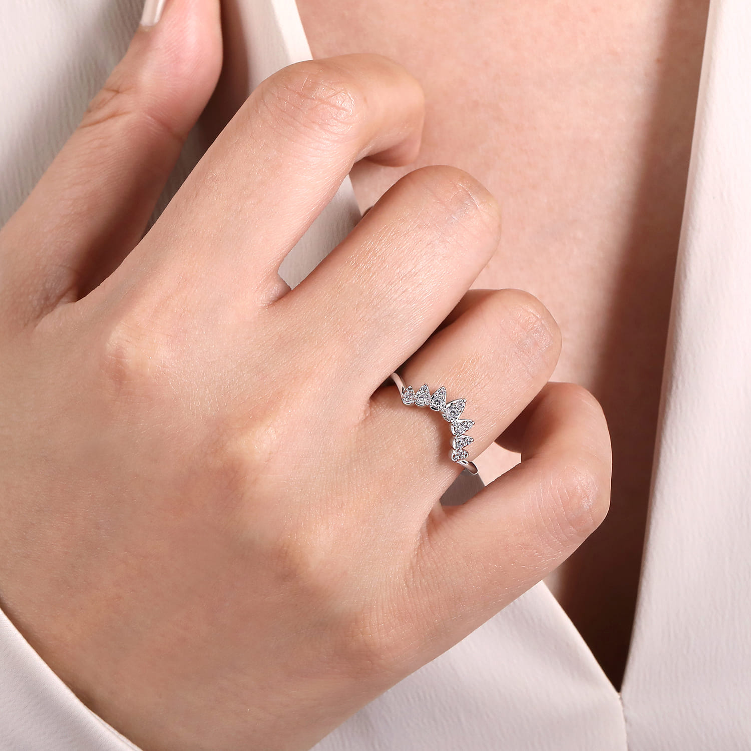 Curved Wedding Ring in 14k White Gold with Round Natural Diamond at Gabriel & Co. - Shot 5