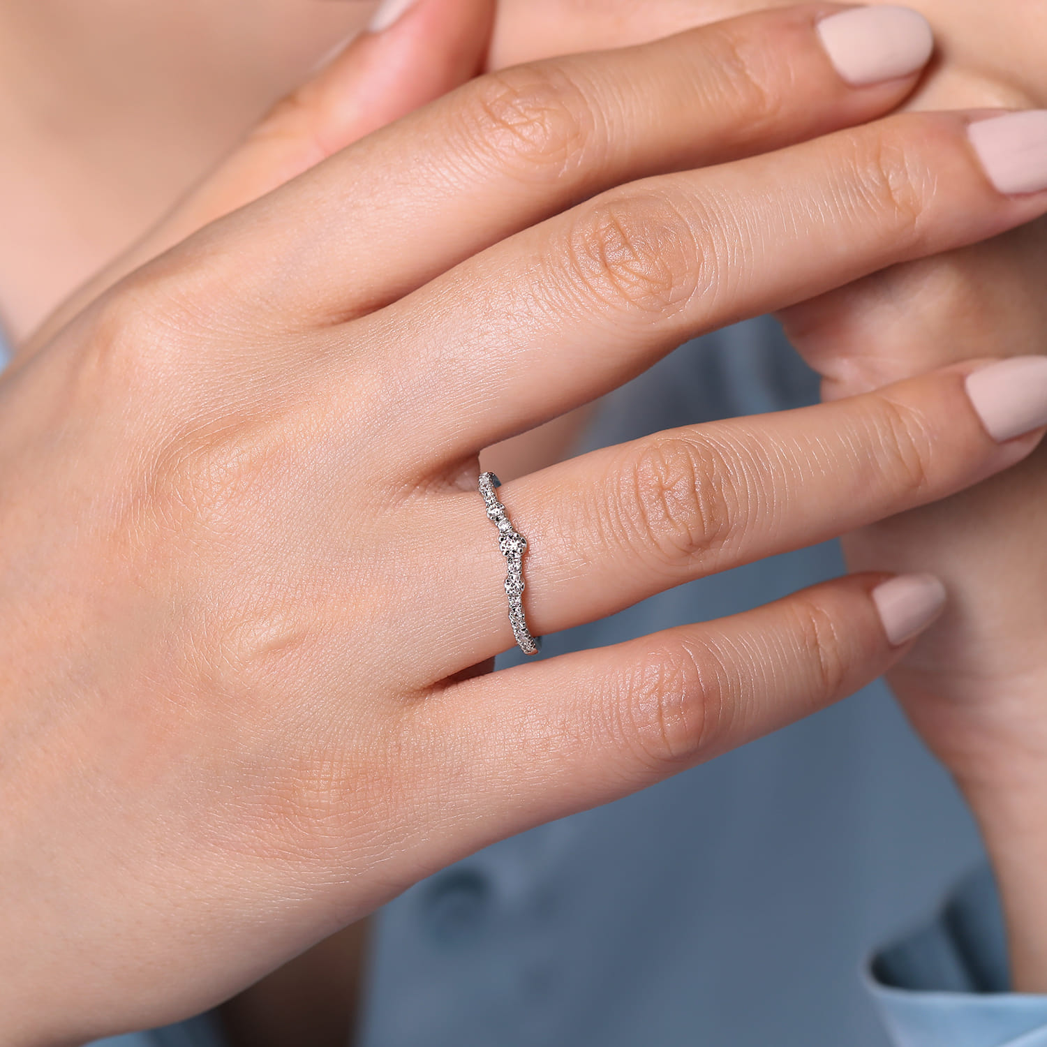 Curved Wedding Ring in 14k White Gold with Round Natural Diamond at Gabriel & Co. - Shot 5