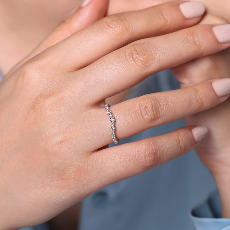 Curved Wedding Ring in 14k White Gold with Round Natural Diamond at Gabriel & Co. - Shot 5