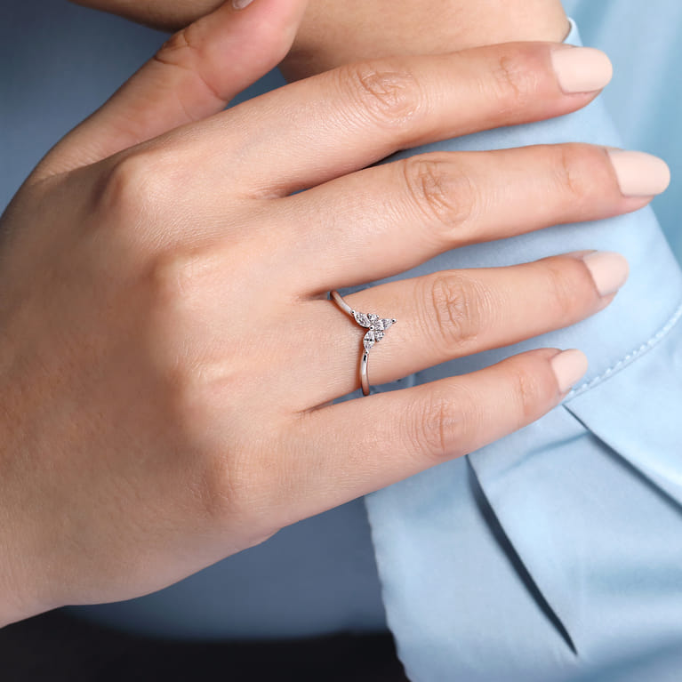 Curved Wedding Ring in 14k White Gold with Marquise Natural Diamond at Gabriel & Co. - Shot 5