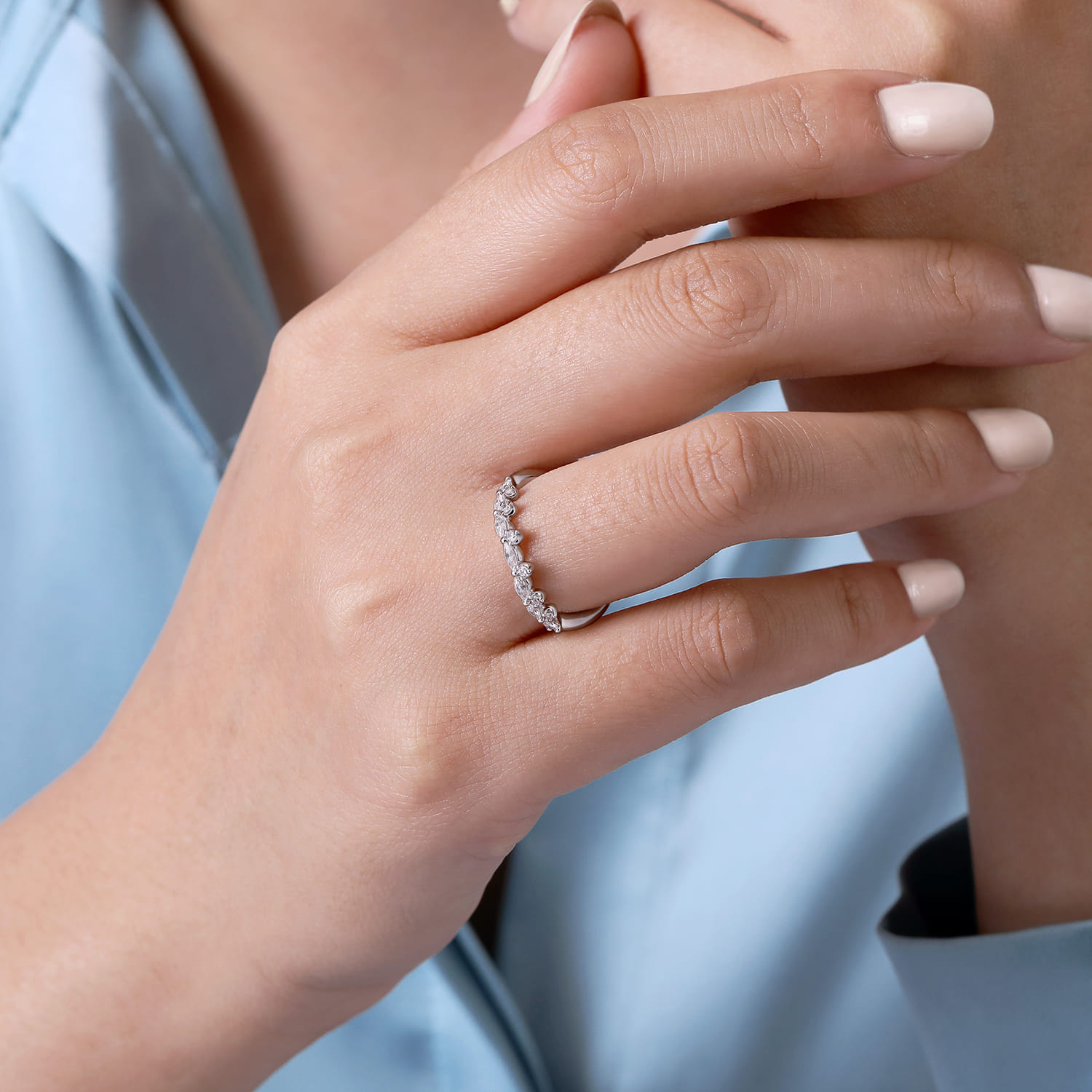 Curved 14K White Gold Marquise and Round Diamond Anniversary Band