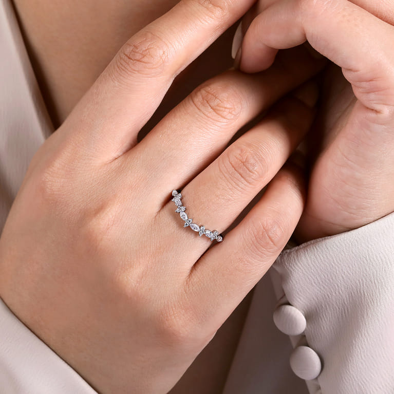 Curved Wedding Ring in 14k White Gold with Marquise Natural Diamond at Gabriel & Co. - Shot 5