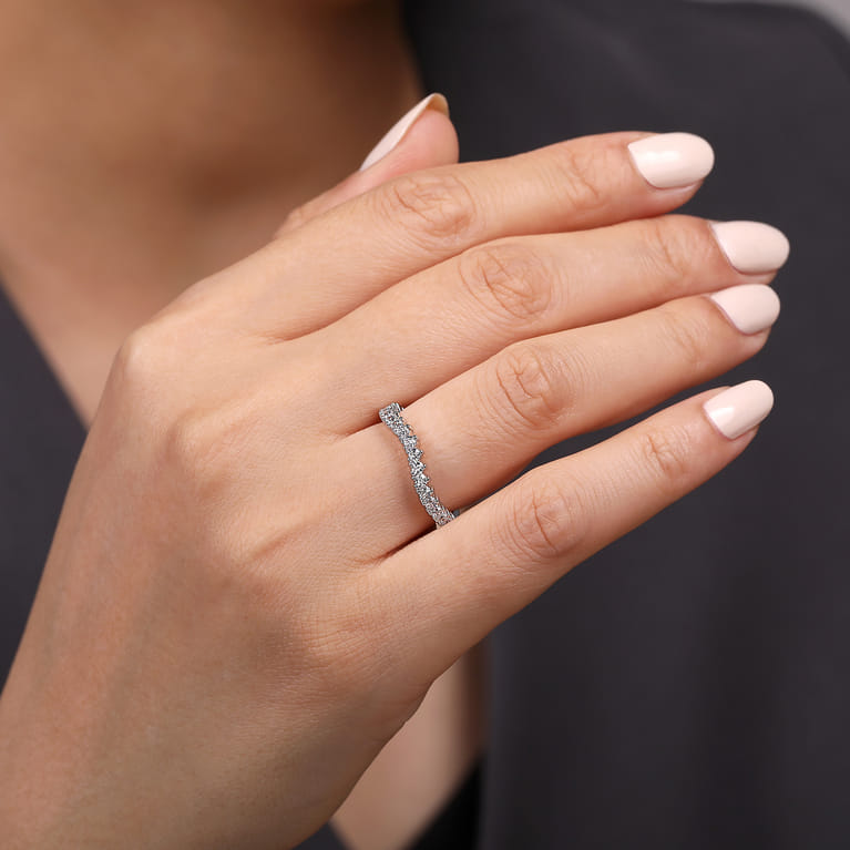 Curved Wedding Ring in 14k White Gold with Round Natural Diamond at Gabriel & Co. - Shot 5