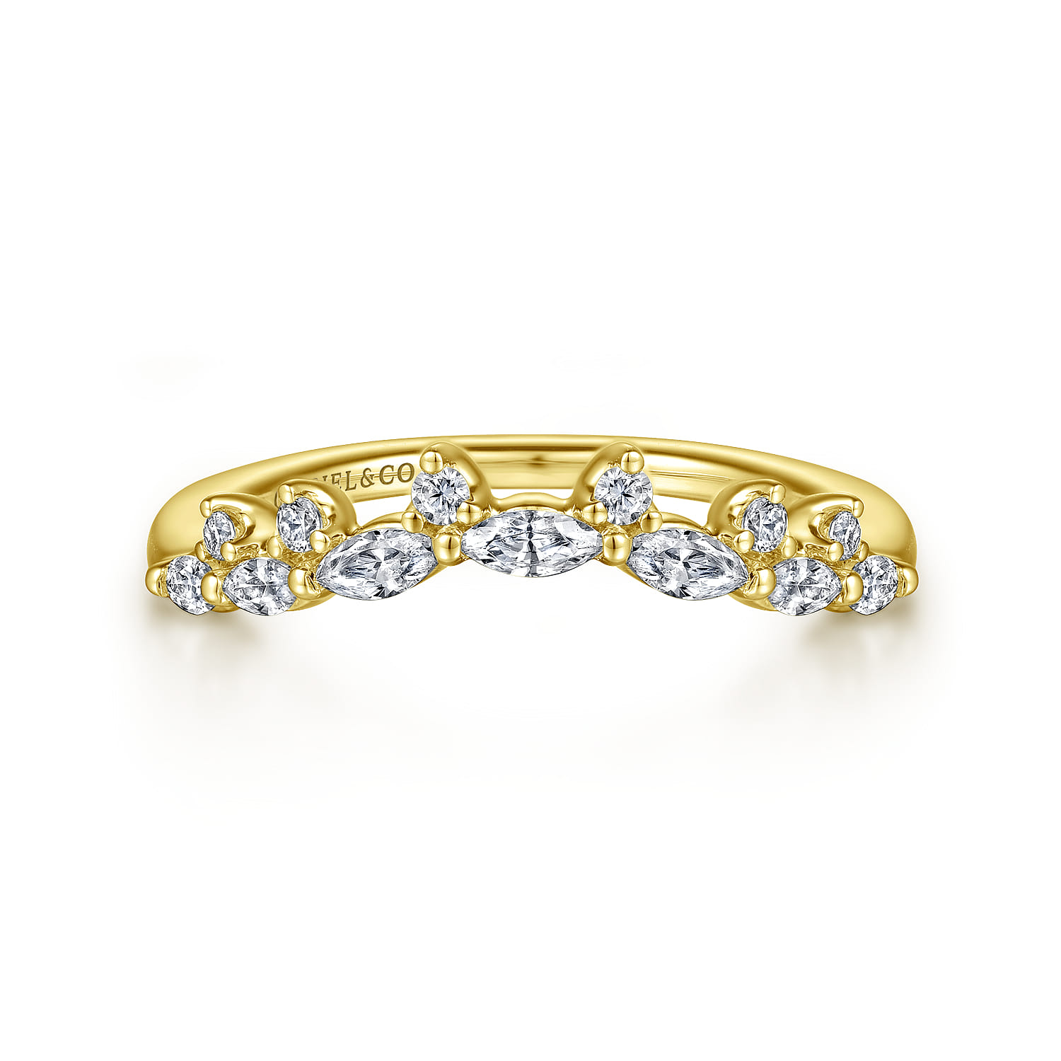 Curved Wedding Ring in 14k Yellow Gold with Marquise Natural Diamond at Gabriel & Co. - Shot 1