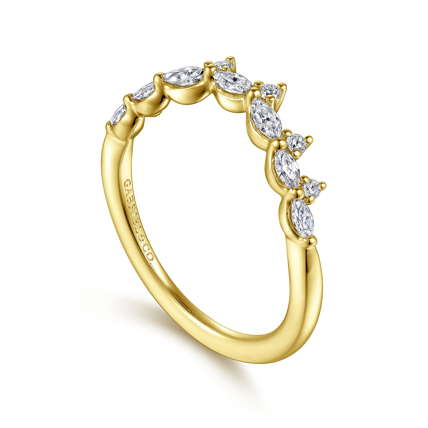Curved Wedding Ring in 14k Yellow Gold with Marquise Natural Diamond at Gabriel & Co. - Shot 3