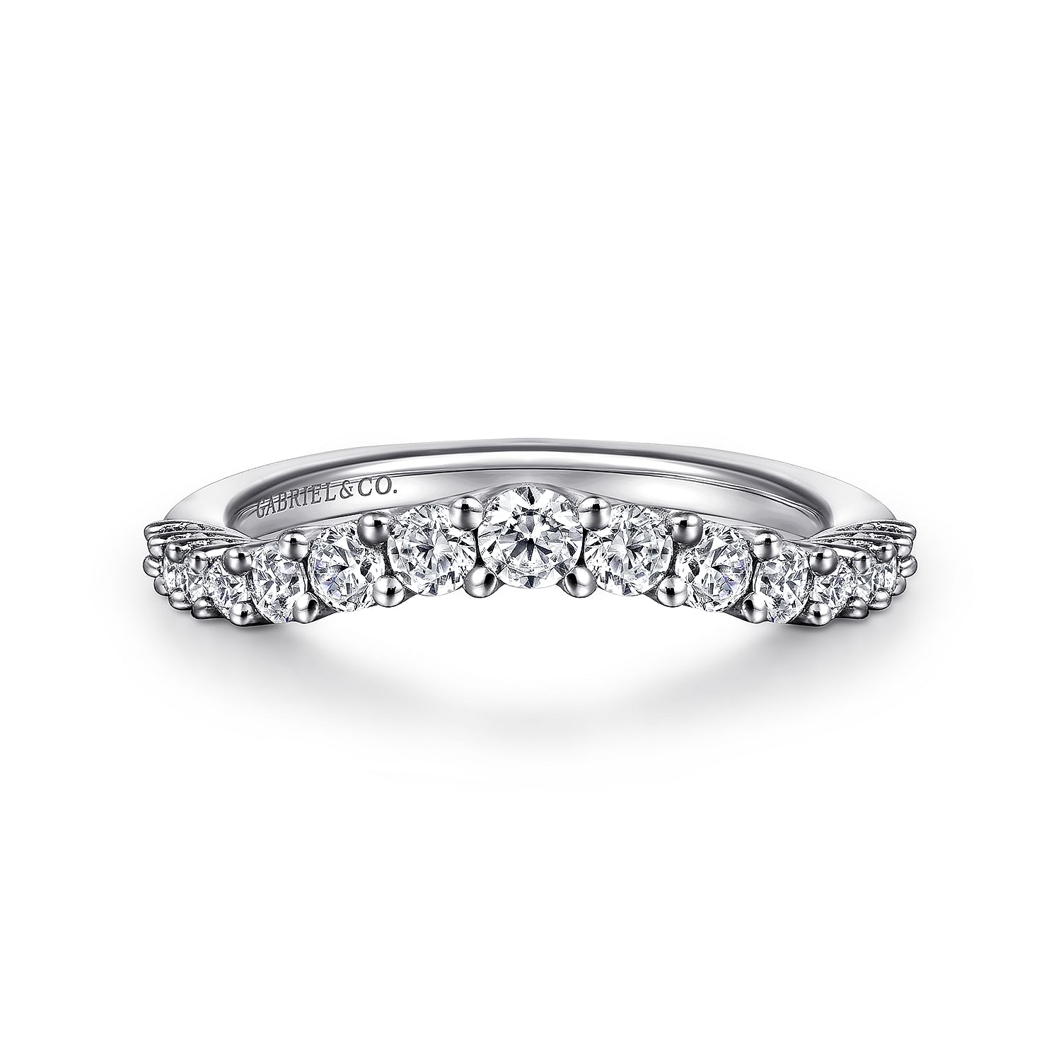 Curved 14K White Gold Shared Prong Diamond Wedding Band 1950. Shop Jewelry Gabriel Co