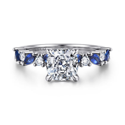 Damiana - 14K White Gold Cushion Cut Sapphire and Diamond Engagement Ring