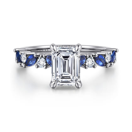Damiana - 14K White Gold Emerald Cut Sapphire and Diamond Engagement Ring