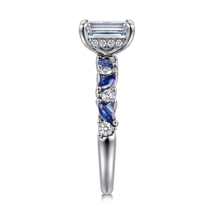 Damiana - 14K White Gold Emerald Cut Sapphire and Diamond Engagement Ring