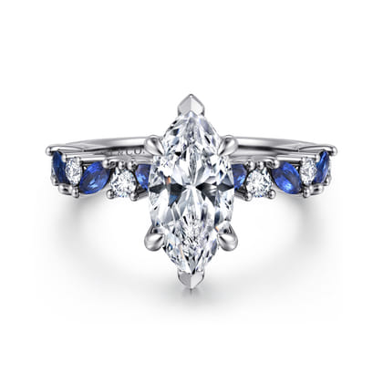 Damiana - 14K White Gold Marquise Shape Sapphire and Diamond Engagement Ring