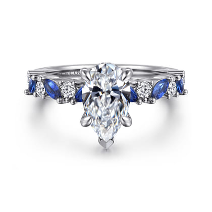 Damiana - 14K White Gold Pear Shape Sapphire and Diamond Engagement Ring