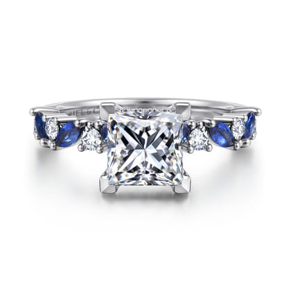 Damiana - 14K White Gold Princess Cut Sapphire and Diamond Engagement Ring
