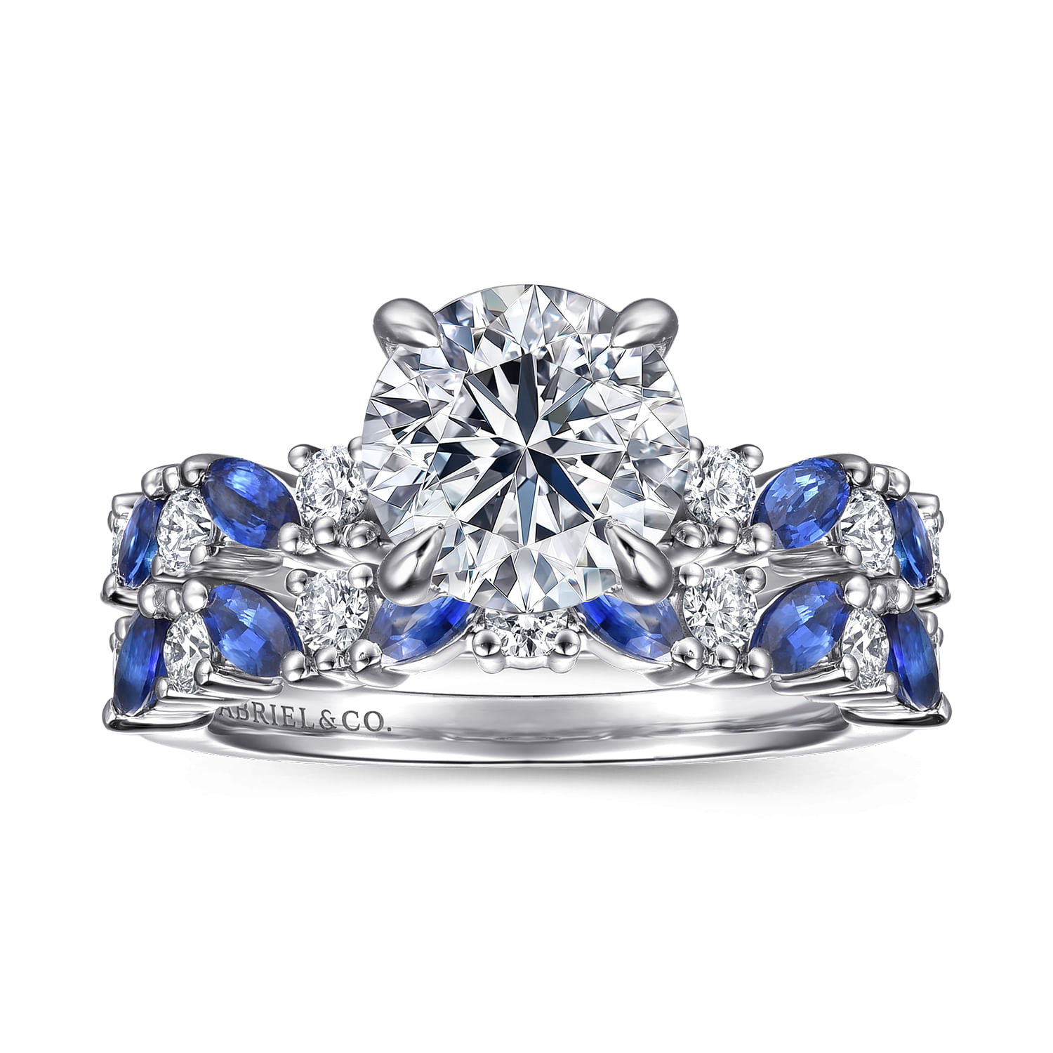 Damiana - 14K White Gold Round Sapphire and Diamond Engagement Ring