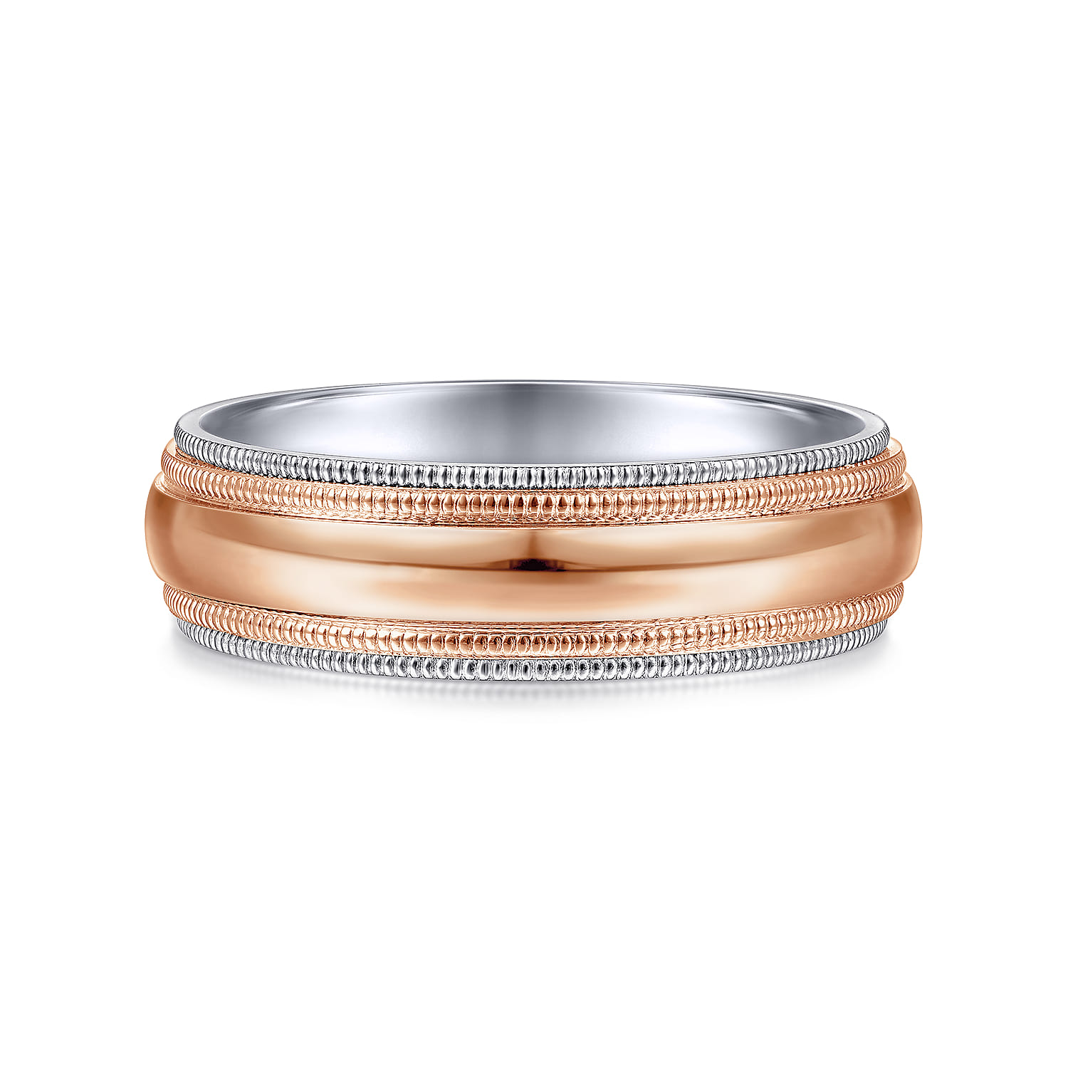 Damien - 14K White-Rose Gold High Polish Men's Wedding Band with Milgrain Edge - Shot 1