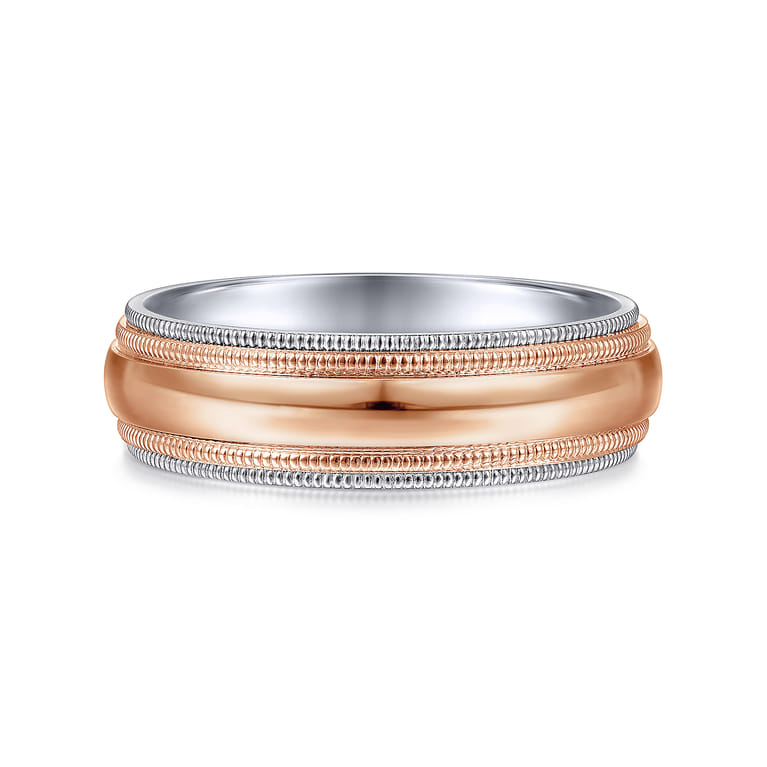 Damien - 14K White-Rose Gold High Polish Men's Wedding Band with Milgrain Edge - Shot 1