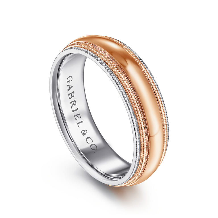 Damien - 14K White-Rose Gold High Polish Men's Wedding Band with Milgrain Edge - Shot 3